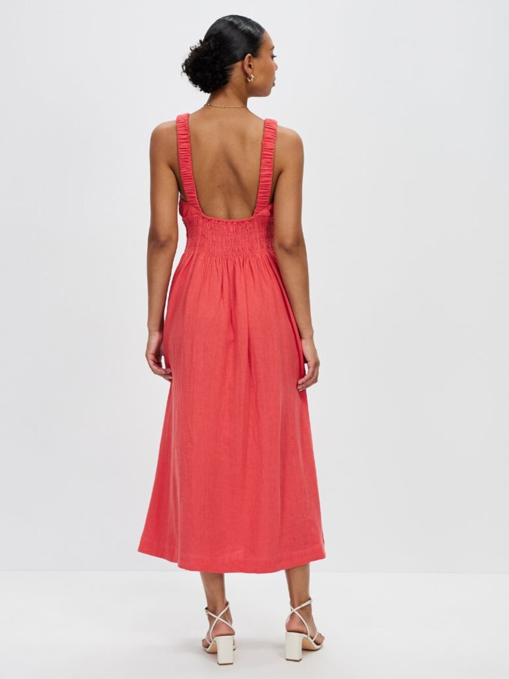 Abercrombie & Fitch Scrunchie Strap Linen Blend Maxi Dress Melon Coral Pink XS - Picture 2 of 8